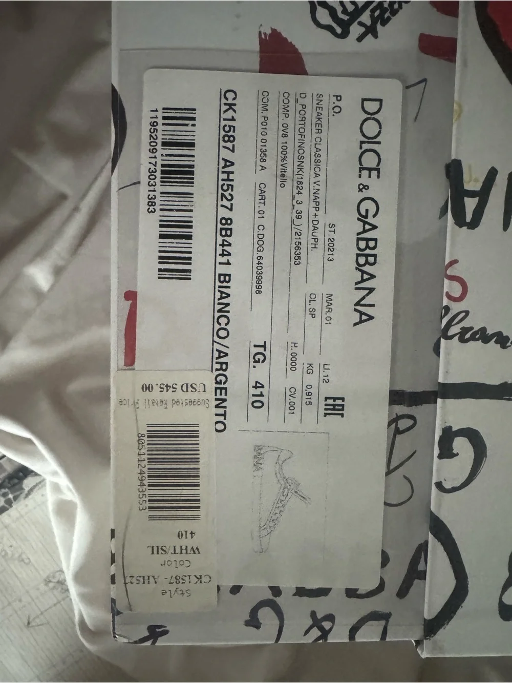 Dolce & Gabbana White Sneakers with Red Stitching and Graphic Insole - Picture 4 of 6